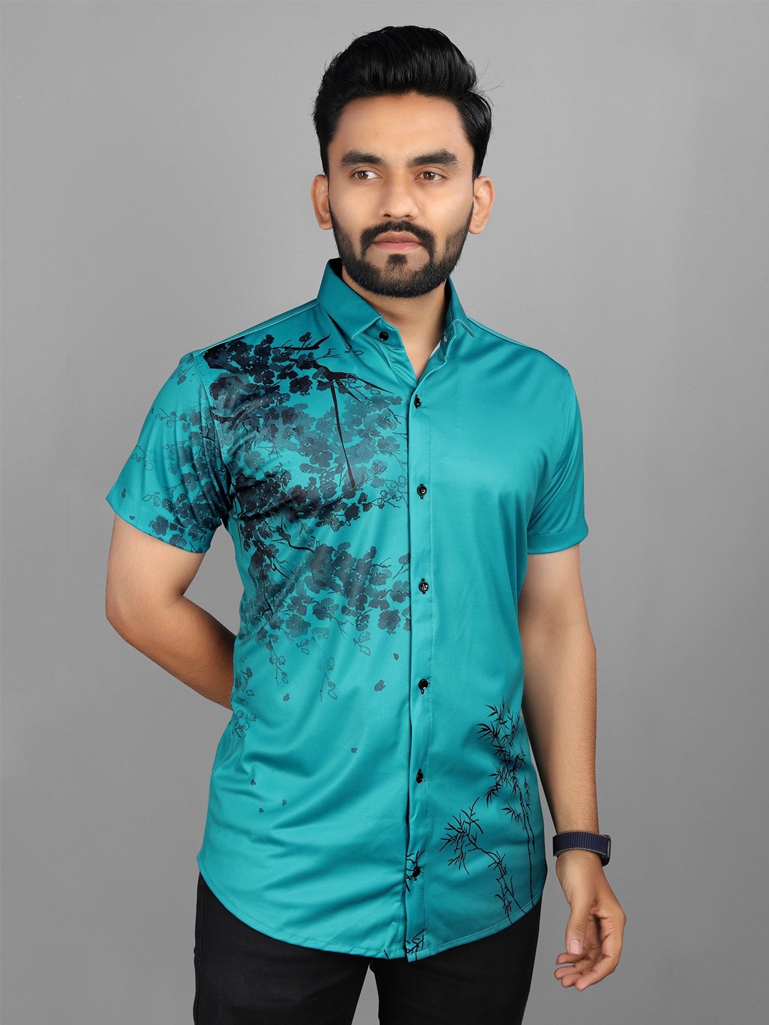 

Fashion FRICKS Men Classic Floral Opaque Printed Casual Shirt, Turquoise blue