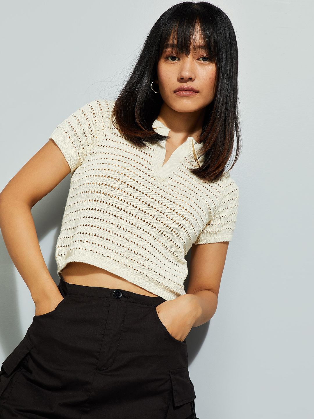

max Women Self Design Shirt Collar Semi Sheer Crop Top, Beige