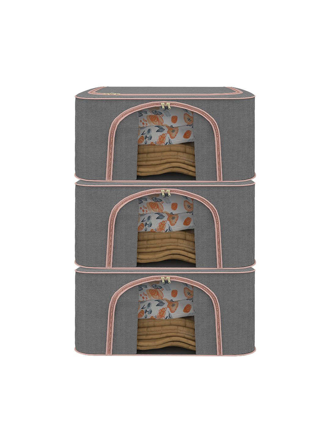 

Kuber Industries Grey & Pink Set of 3 Reusable Drawer Organisers