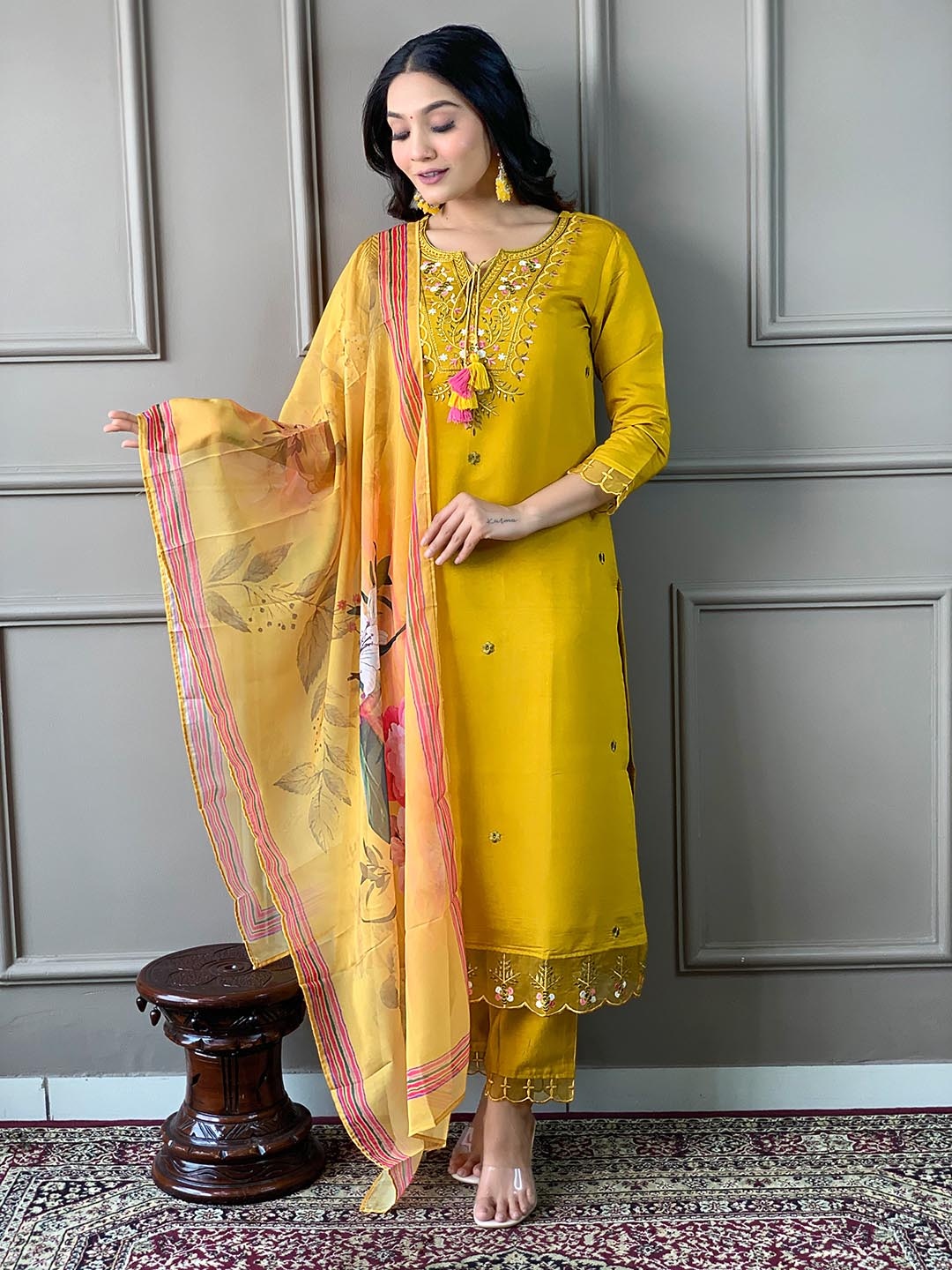 

SHOPONBIT Floral Embroidered Sequinned Chanderi Cotton Kurta With Trousers & Dupatta, Mustard