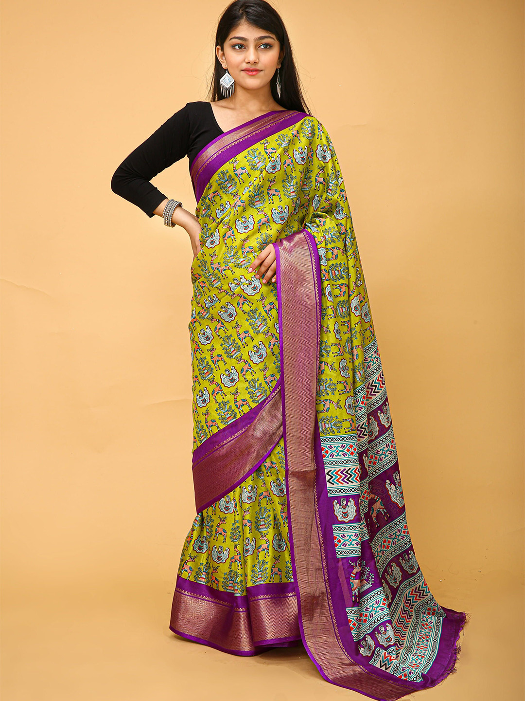 

KAYOMMI Kalamkari Kanjeevaram Saree, Yellow