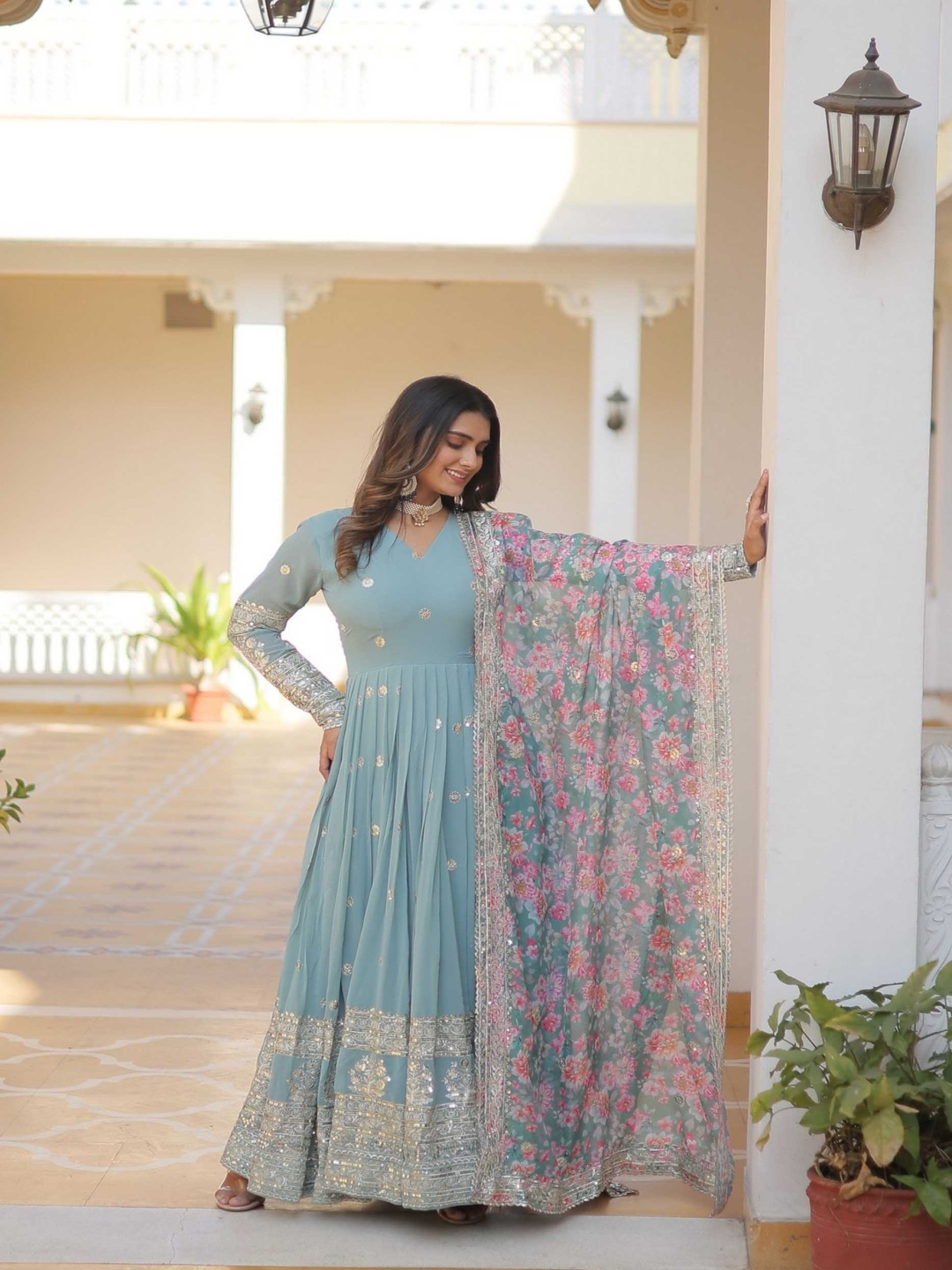 

ZEEPKART Embroidered Angrakha Kurta With Trousers & Dupatta, Teal