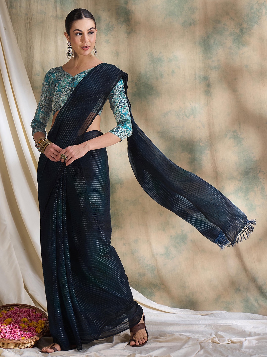 

MANVAA Striped Beads and Stones Poly Chiffon Saree, Navy blue