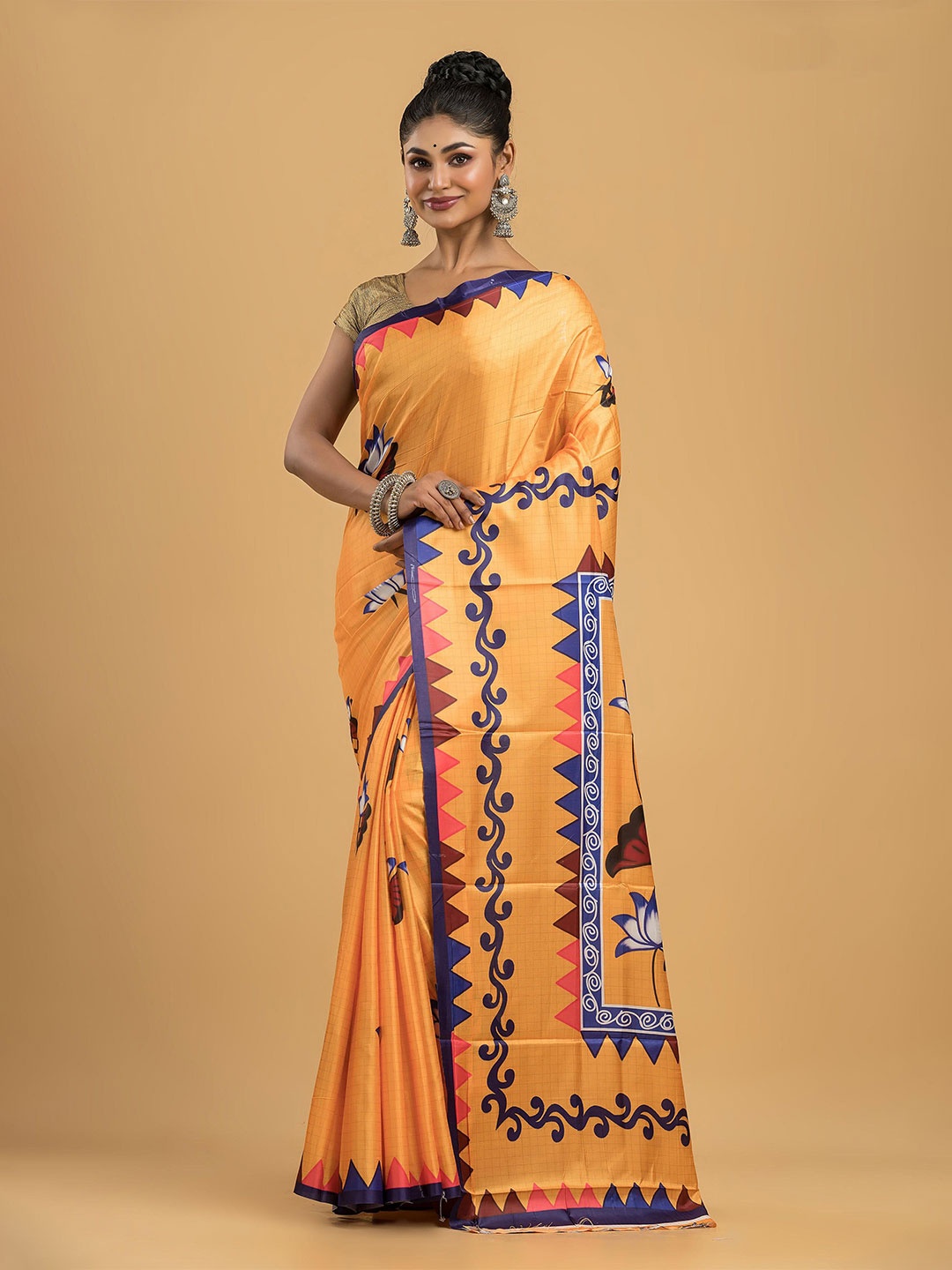 

Dheu Ethnic Motifs Block Printed Saree, Mustard