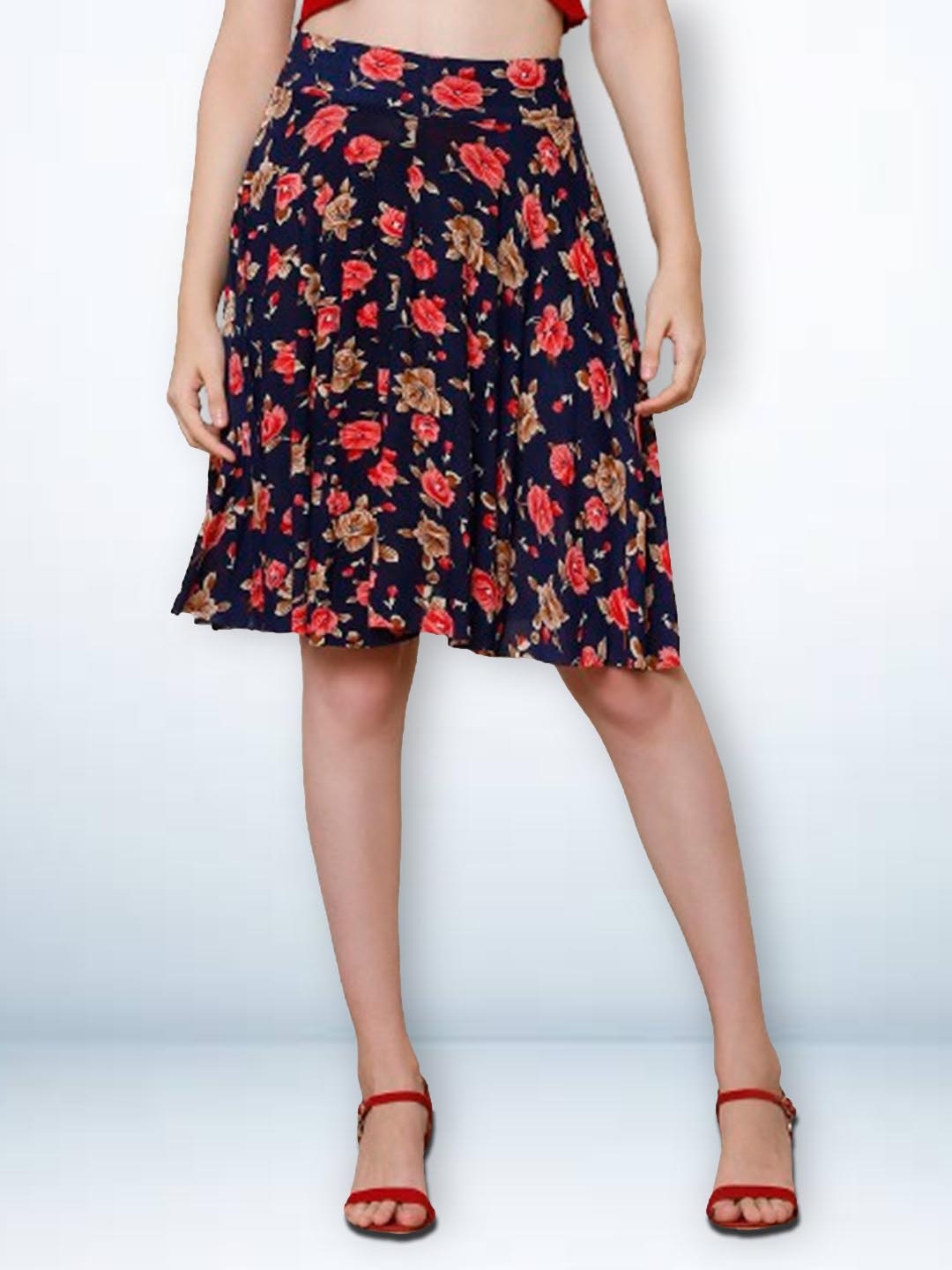 

Jinfo Flower Printed Knee Length Flared Skirt With Attached Shorts, Navy blue