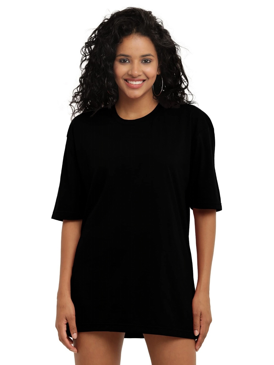 

NOTWILD Women Solid Round Neck Cotton Oversized T-shirt, Black