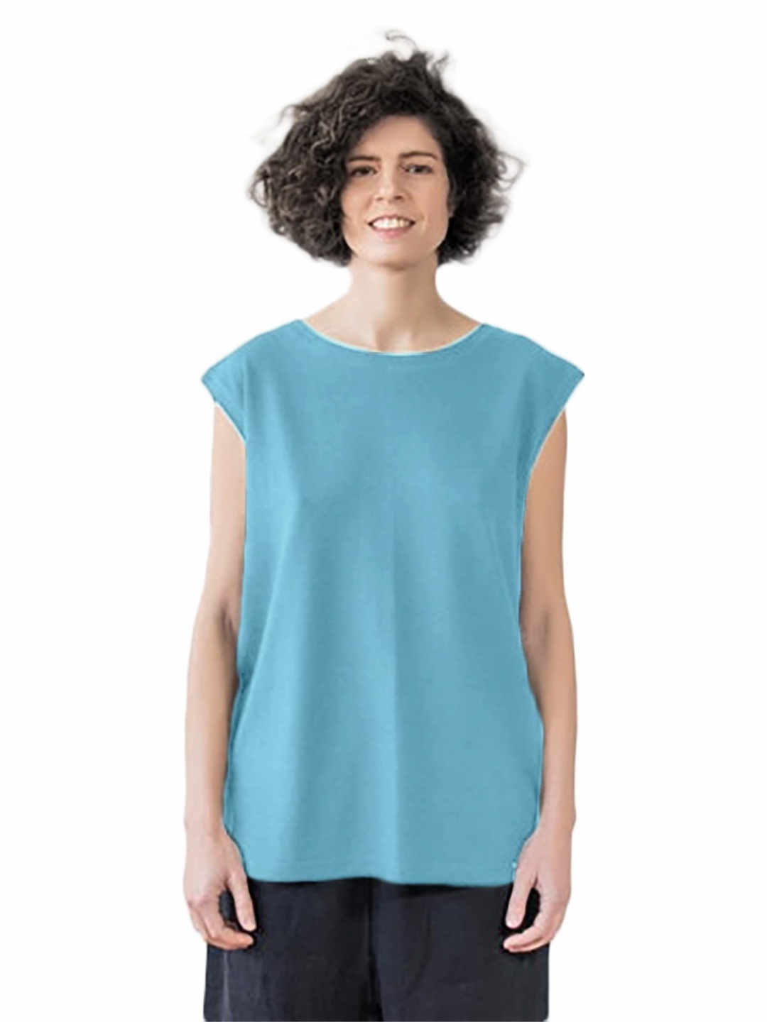 

NOTWILD Women Solid Round Neck Cotton T-shirt, Blue