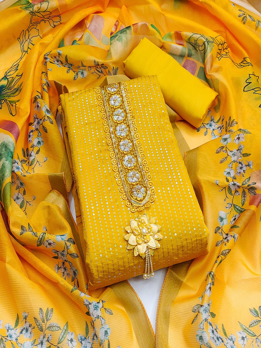

HERE&NOW Embellished Unstitched Dress Material, Yellow