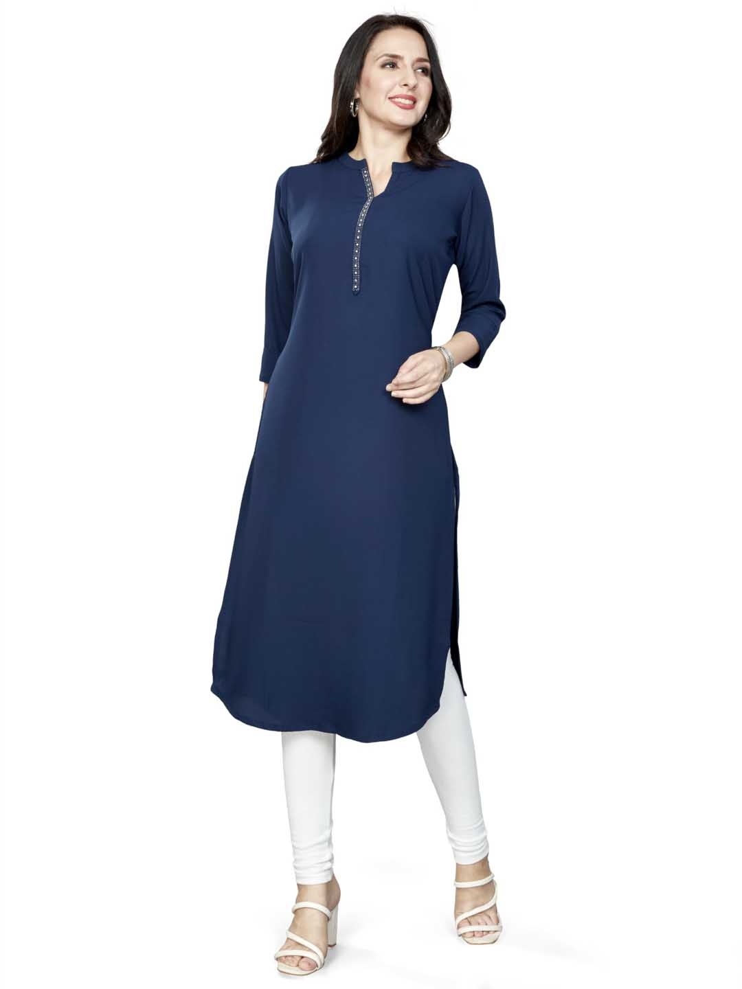 

Nioni Swarovski Mandarin Collar Dobby Linen Straight Kurta, Navy blue