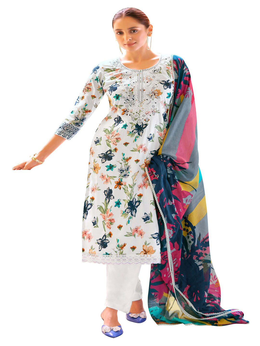 

DRAVINAM Floral Embroidered Pure Cotton Unstitched Dress Material, White