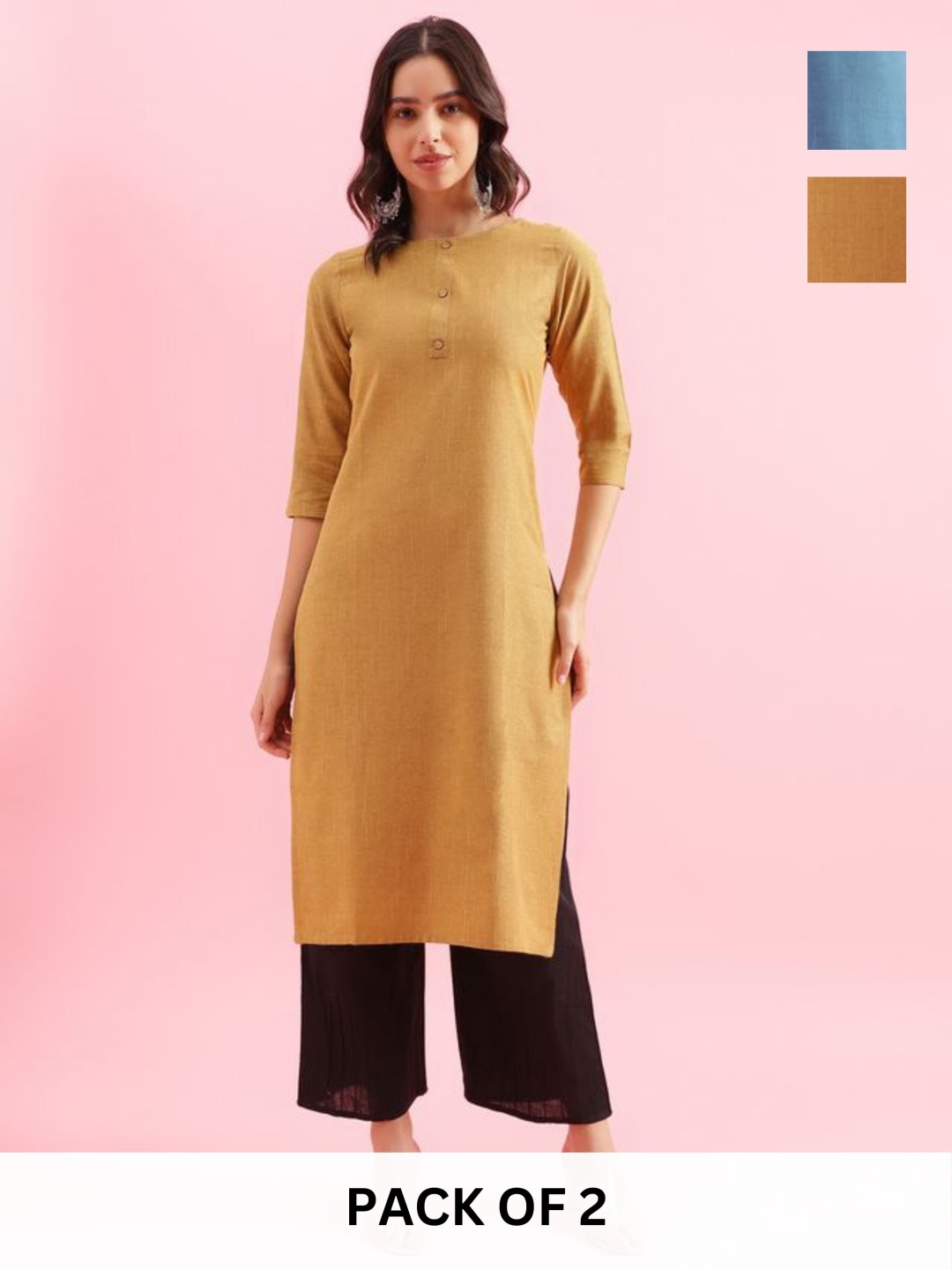 

KALINI Selection Of 2 Round Neck Straight Kurtas, Mustard