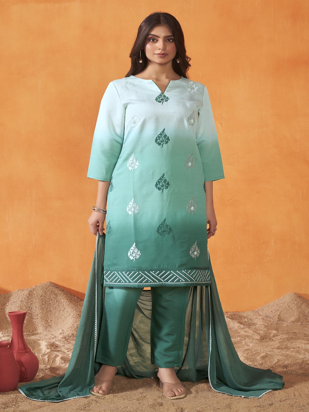 

Anouk Ombre Dyed Thread Work Chanderi Silk Kurta With Trouser And Dupatta, Teal