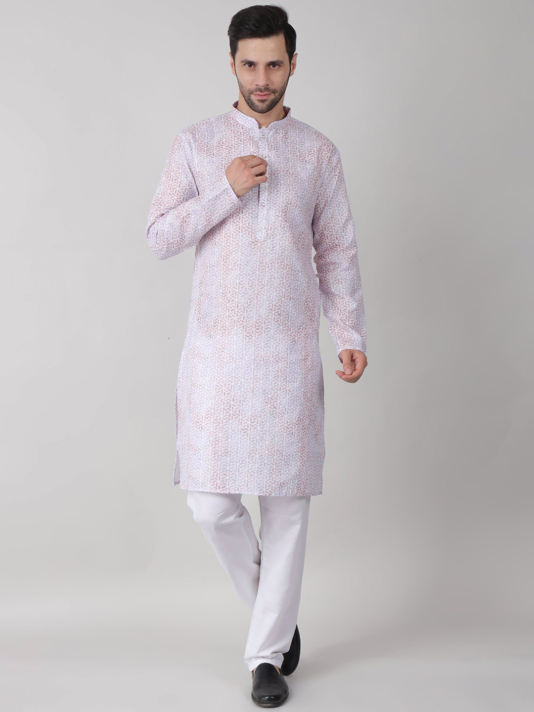 

John Philips Geometric Woven Design Band Collar Straight Kurta, Blue