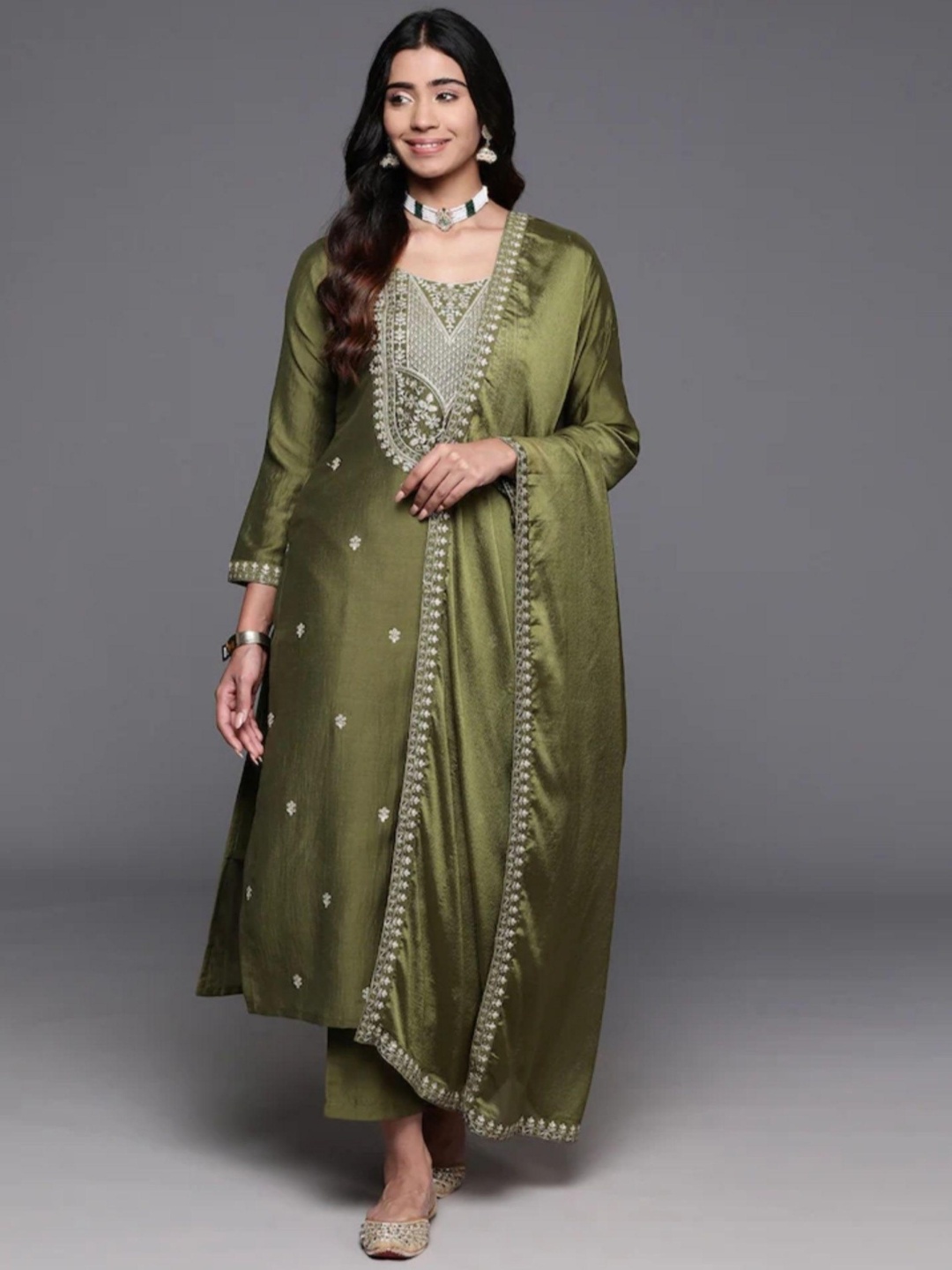 

KALINI Women Floral Embroidered Regular Thread Work Chanderi Silk Kurta with Trousers & With Dupatta, Olive