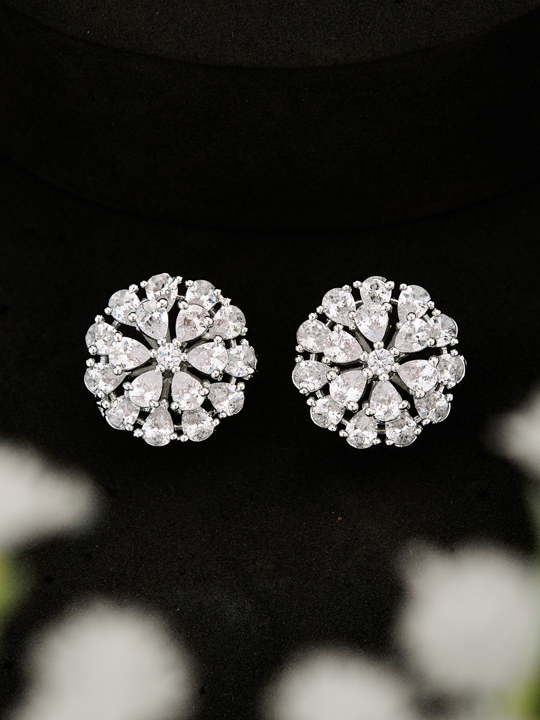 

ATIBELLE Silver-Plated Cubic Zirconia Stone Studded Contemporary Shaped Studs