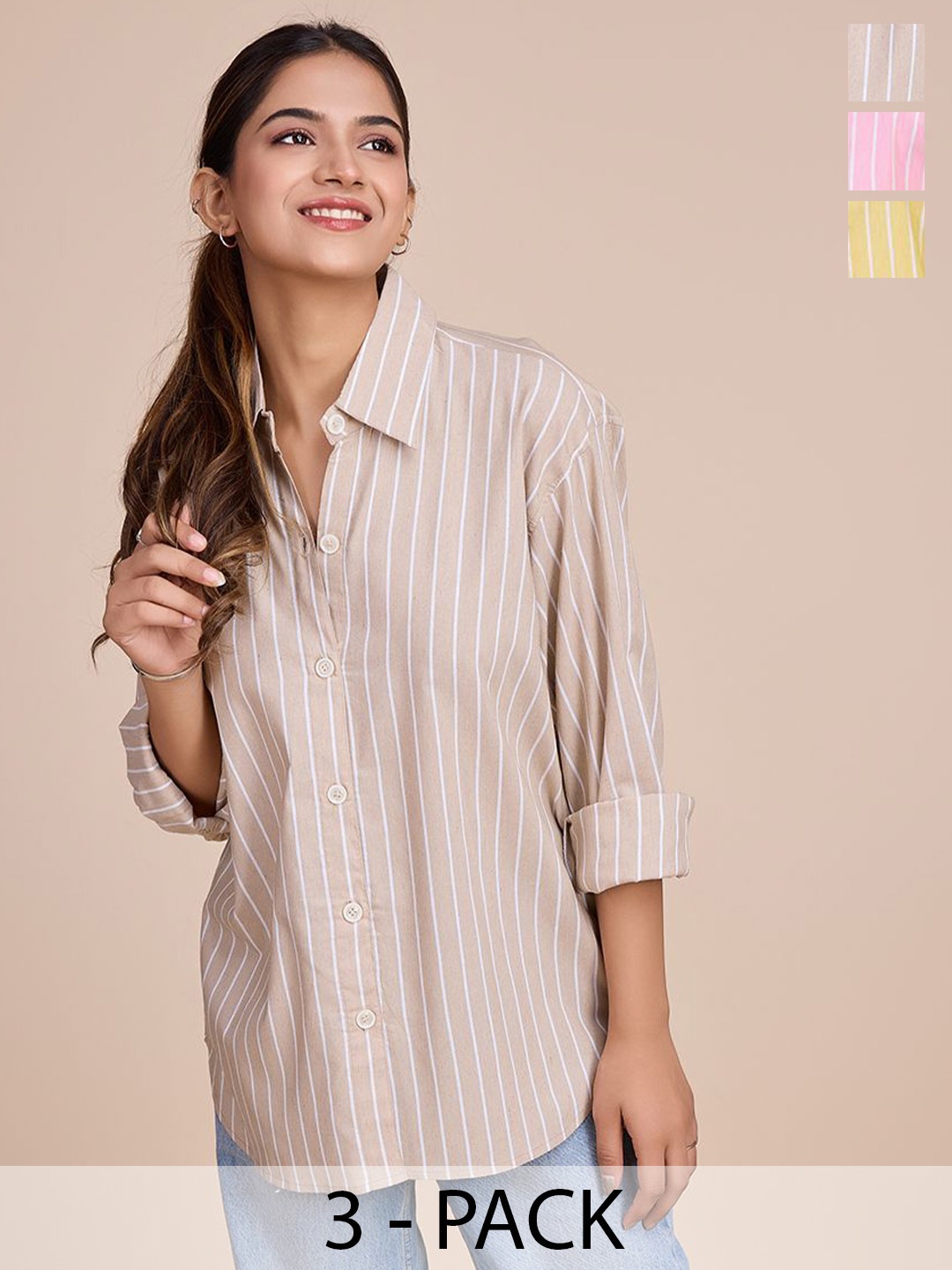 

HOUSE OF MIRA Women Pack Of 3 Classic Oversized Fit Vertical Striped Cotton Casual Shirts, Beige