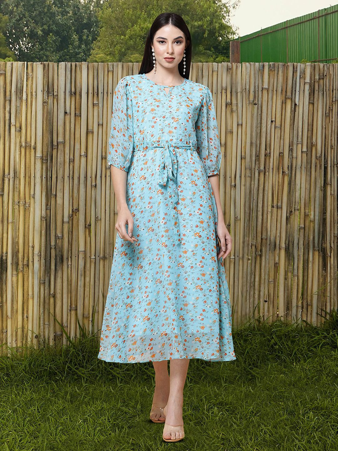 

MISS AYSE Women Floral Printed Cotton Fit & Flare Dress, Blue