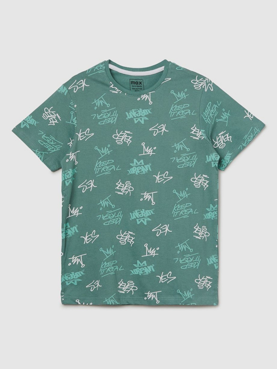 

max Boys Typography Printed Round Neck Cotton T-shirt, Green