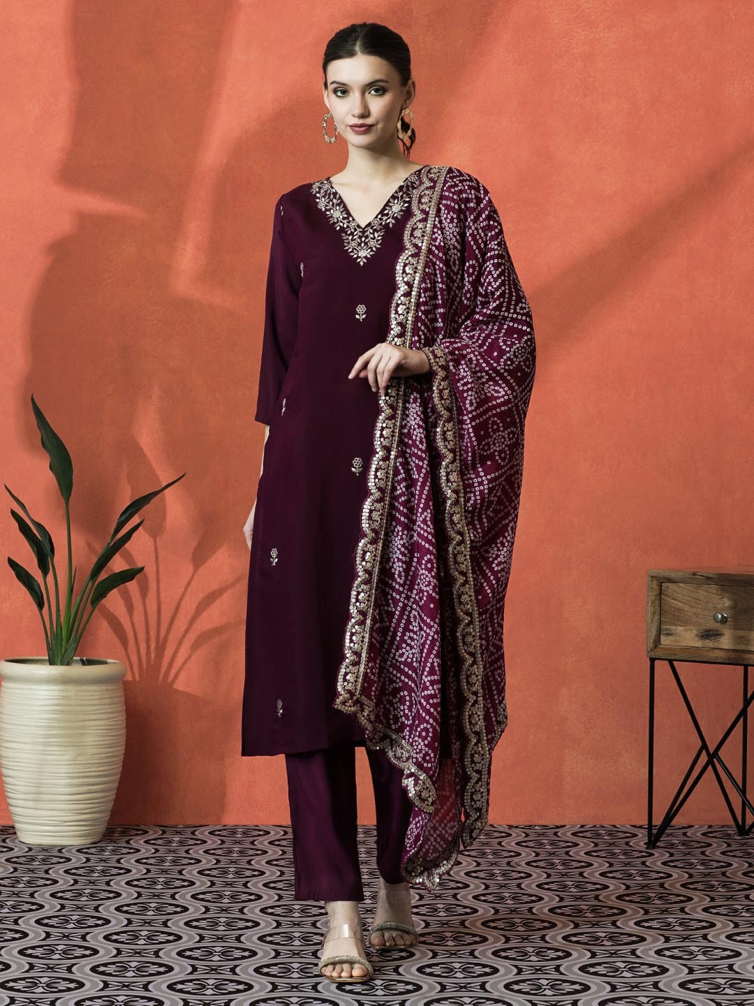 

Sangria Purple Floral Embroidered Thread Work Straight Kurta With Trouser And Dupatta