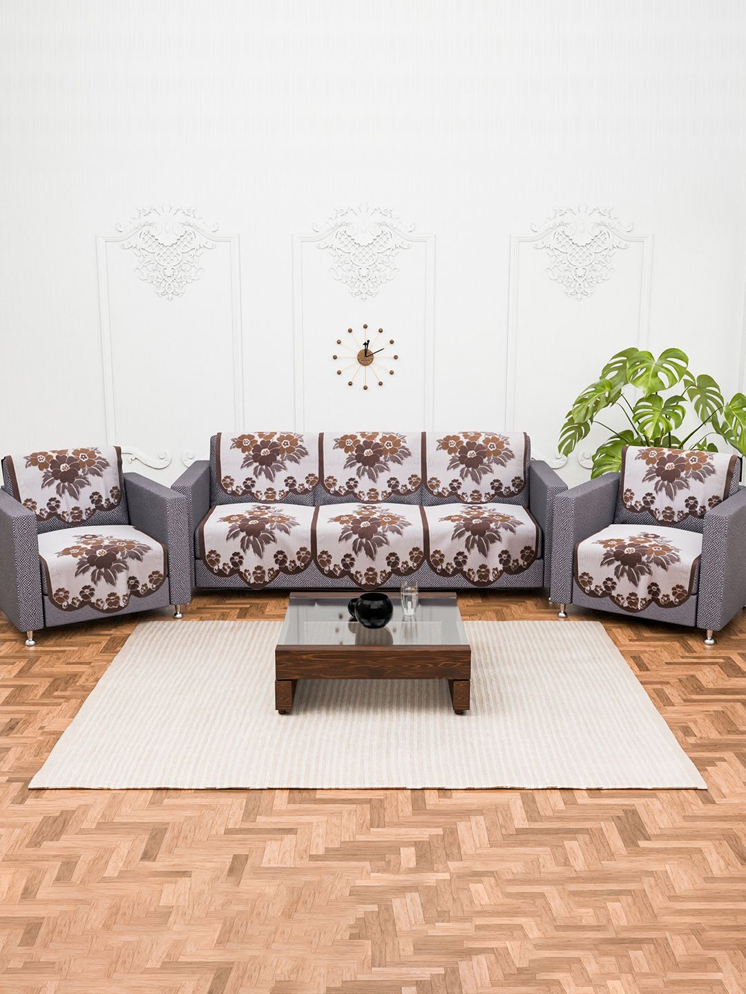 

Kuber Industries White & Brown 10 Pieces 5 Seater Printed Cotton Sofa Cover