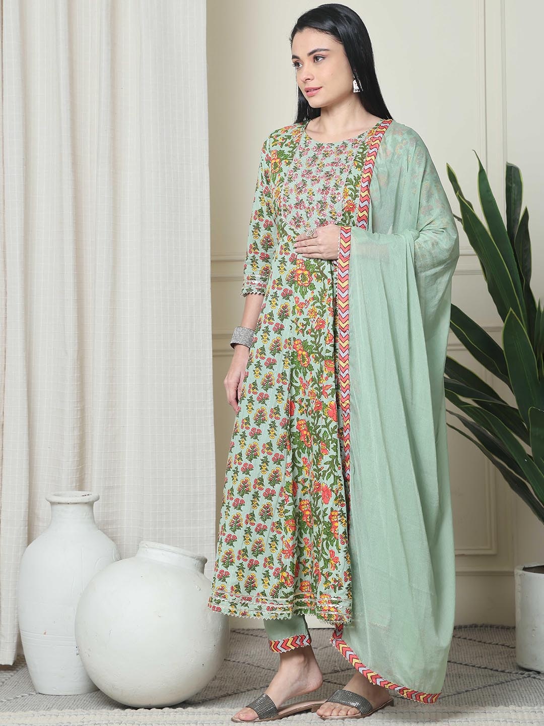 

Rajnandini Floral Embroidered Mirror Work Pure Cotton Kurta With Trousers & Dupatta, Green