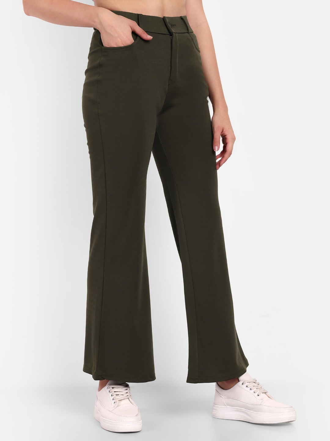 

Next One Women Smart Flared High-Rise Easy Wash Trousers, Olive