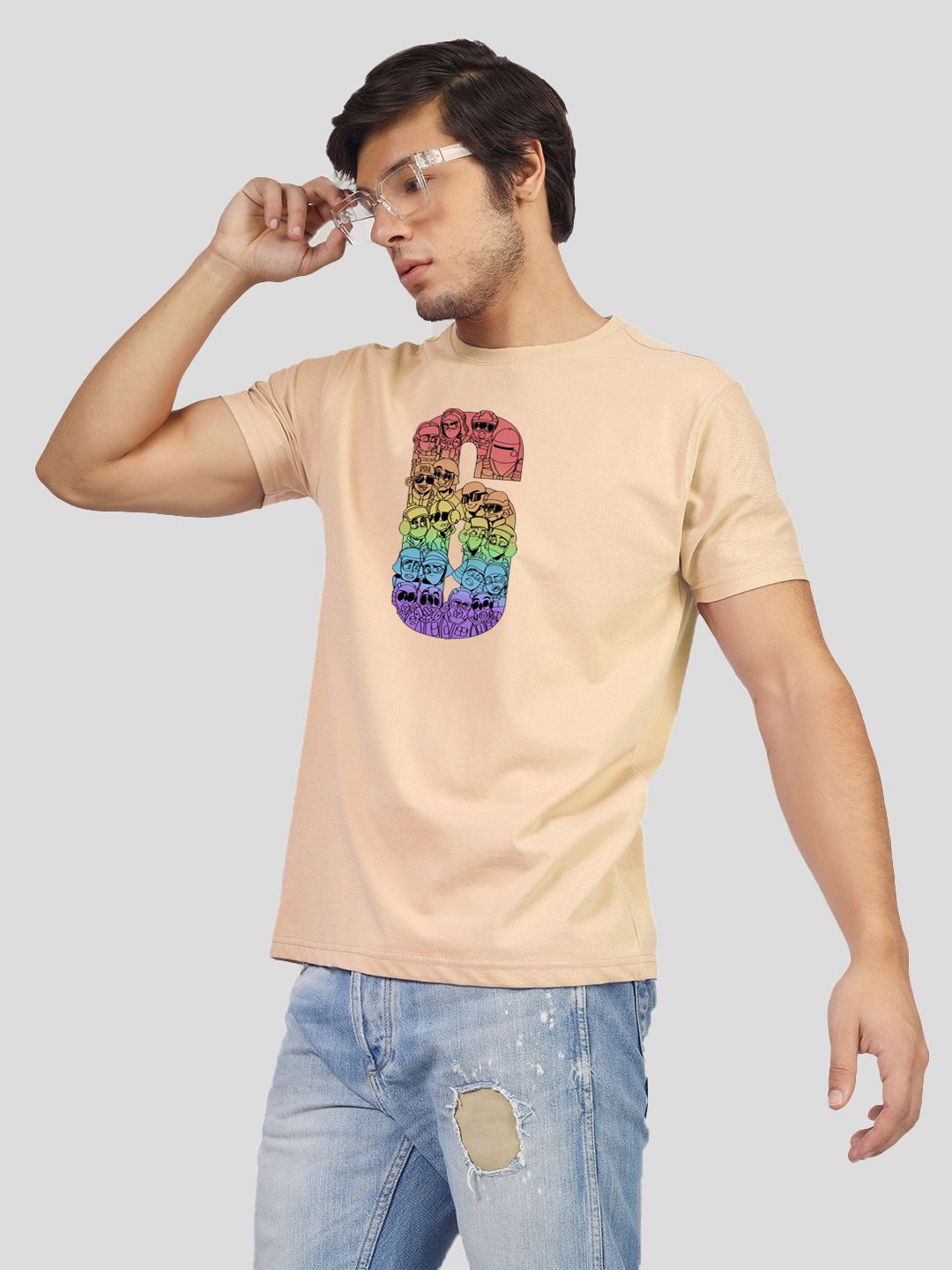 

Greylongg Men Graphic Printed Round Neck T-shirt, Beige