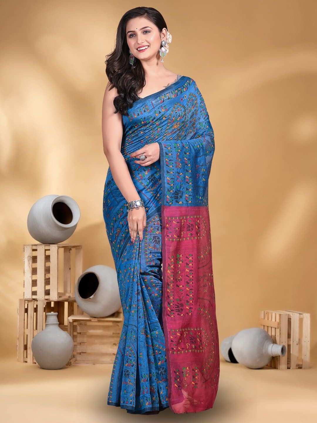 

T.J. SAREES Printed Pure Cotton Block Print Saree, Blue