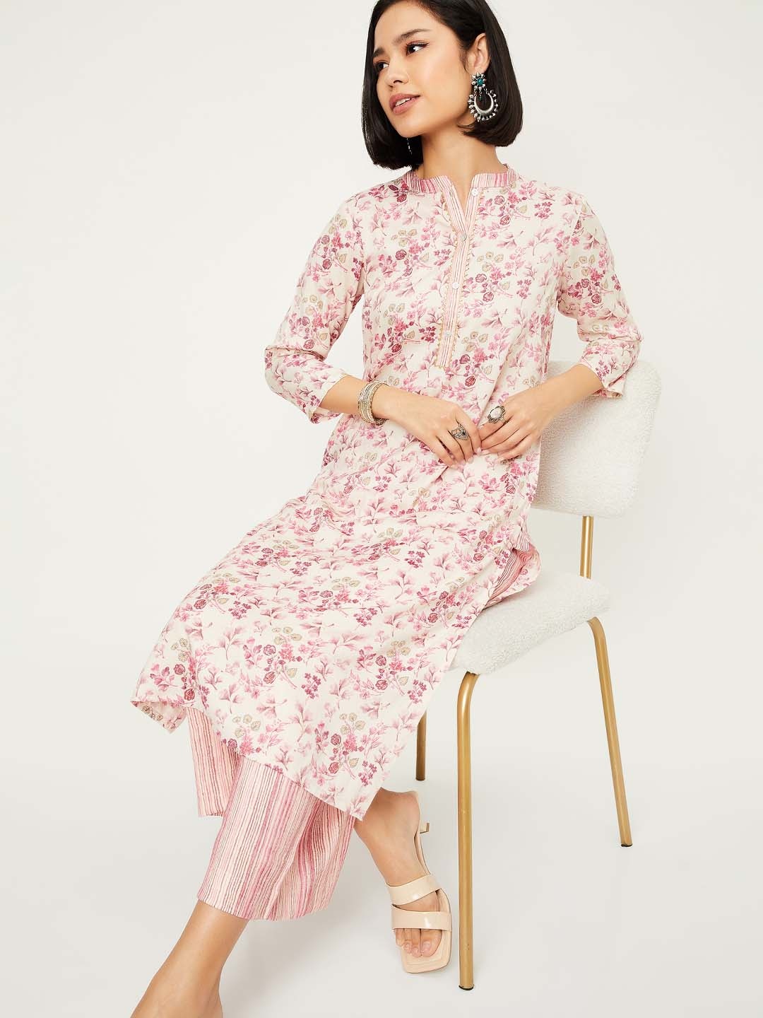 

max Floral Printed Mandarin Collar Straight Kurta With Palazzos, Pink