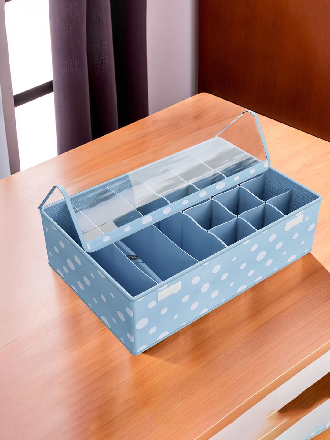 

Kuber Industries Blue 6 Pcs Printed Reusable Drawer Organisers With Transparent Lid