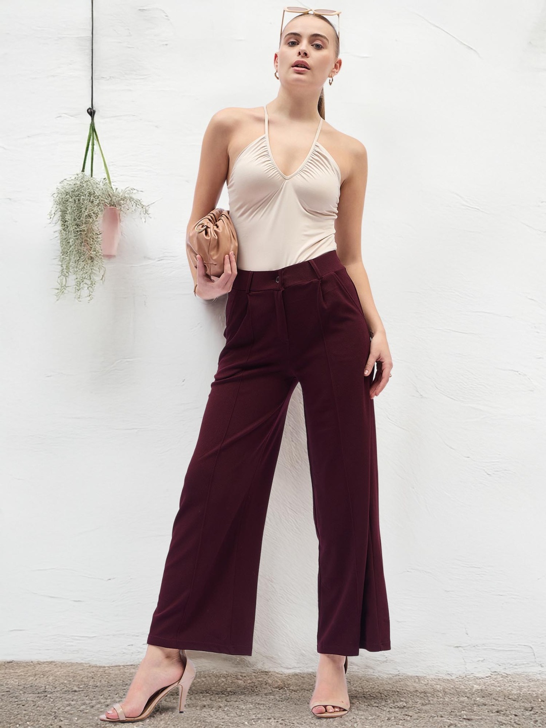 

DressBerry Women Relaxed Straight Leg High-Rise Trousers, Brown