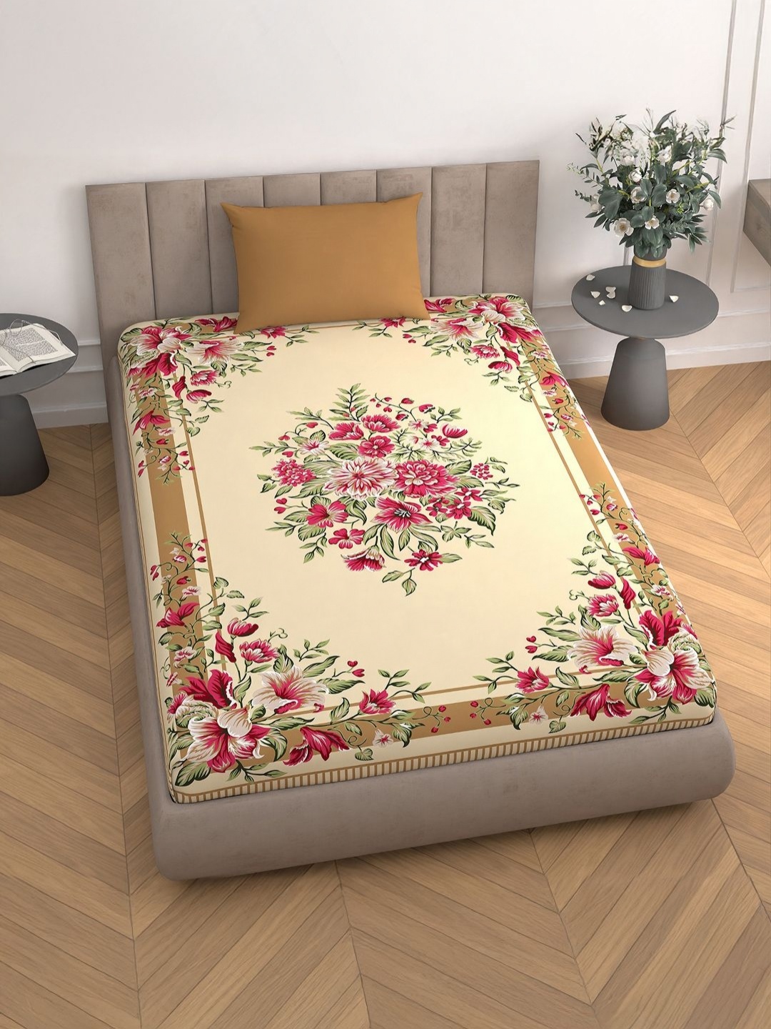 

Aura Beige & Green Floral 110 TC Single Bedsheet with 1 Pillow Covers