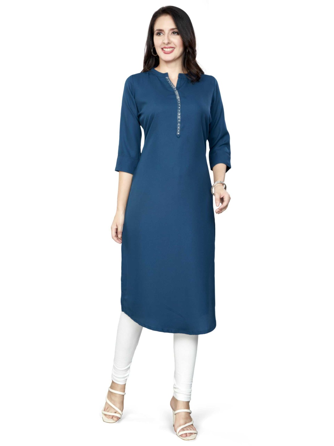 

Nioni Swarovski Mandarin Collar Dobby Linen Straight Kurta, Teal