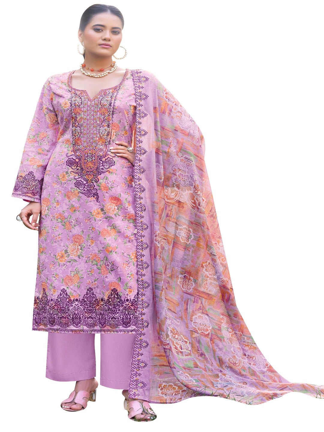 

DRAVINAM Floral Embroidered Pure Cotton Unstitched Dress Material, Purple