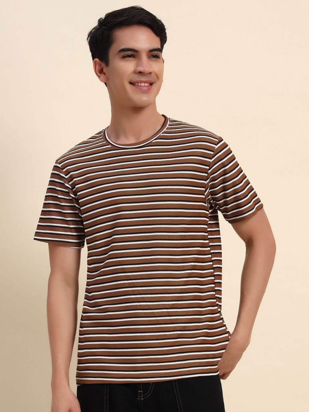 

The Dry State Men Striped Monochrome Raw Edge T-shirt, Brown