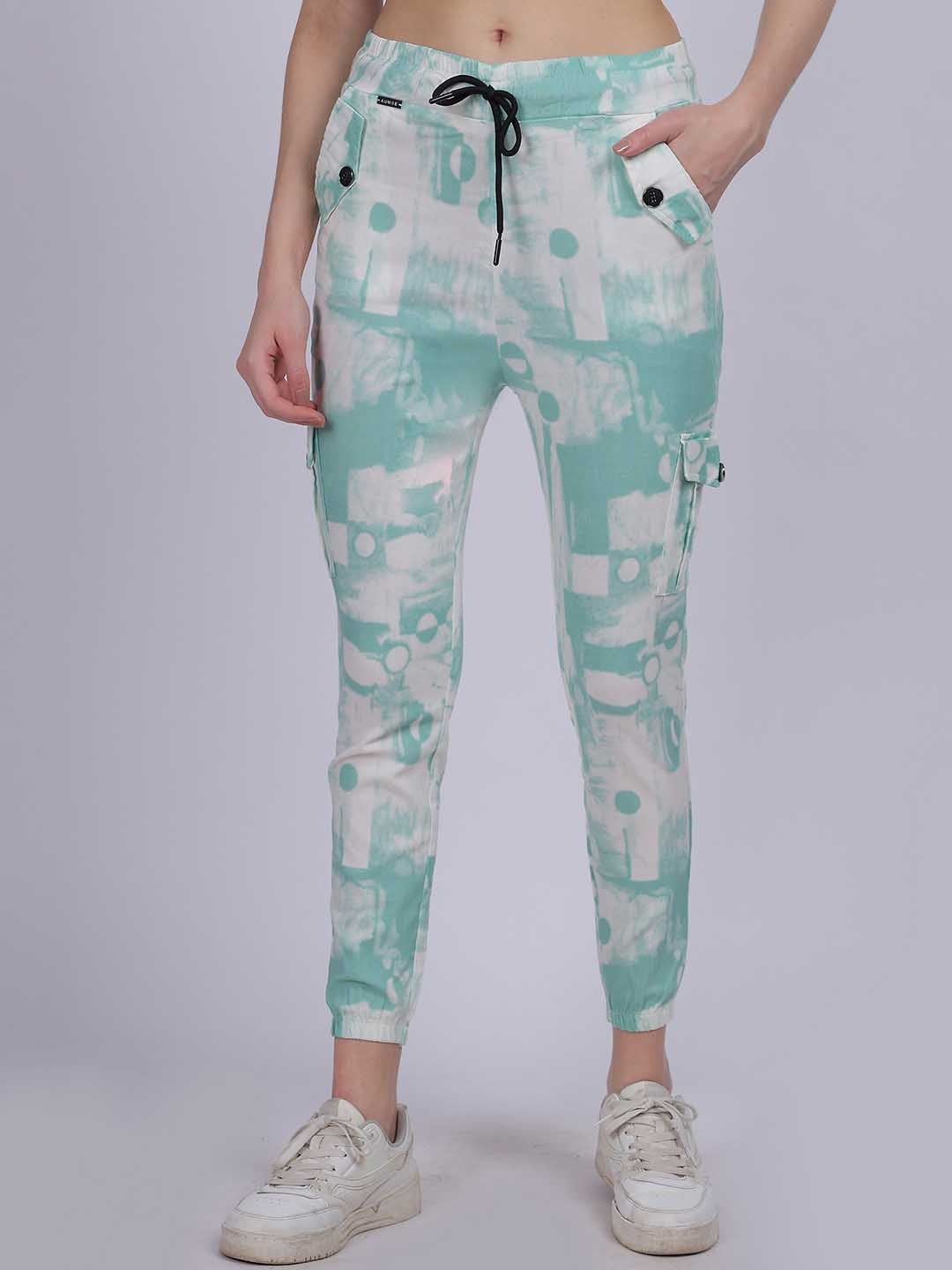 

Aumbe Women Abstract Printed Cotton Straight Fit Cigarette Trousers, Green