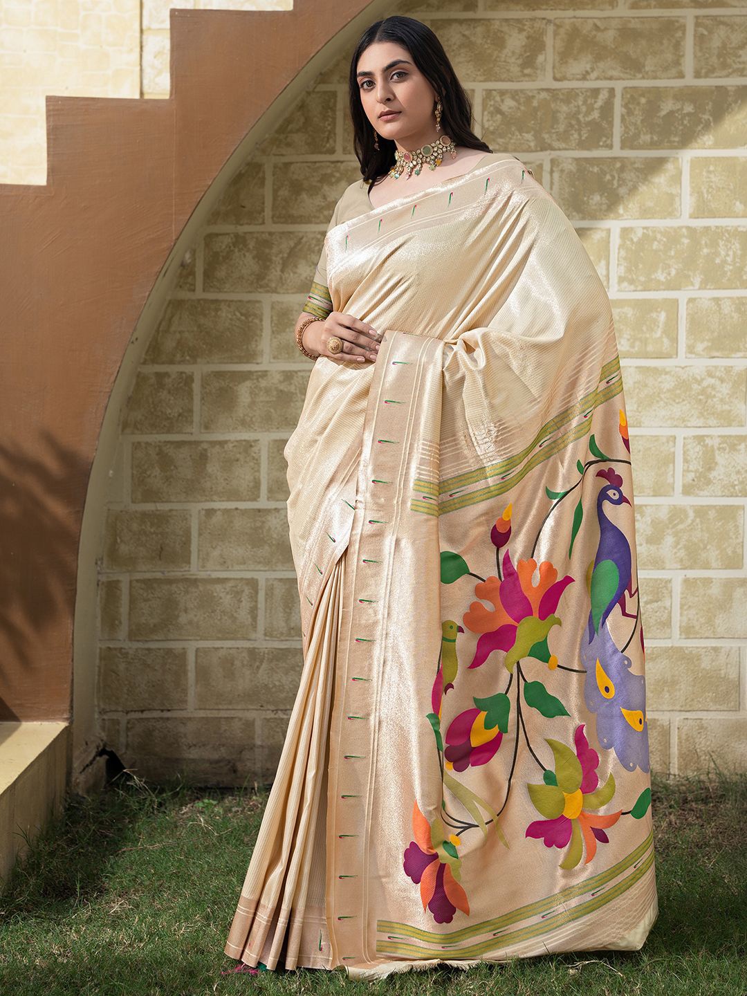 

Satrani Woven Design Zari Paithani Saree, Cream