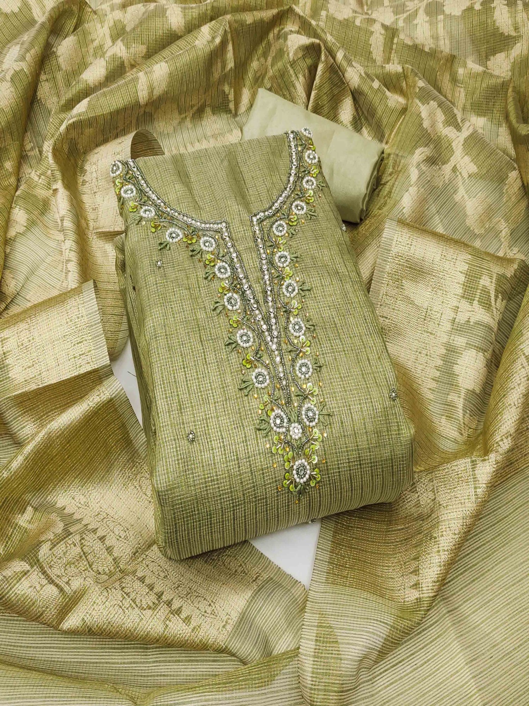 

HERE&NOW Embroidered Viscose Rayon Unstitched Dress Material, Green