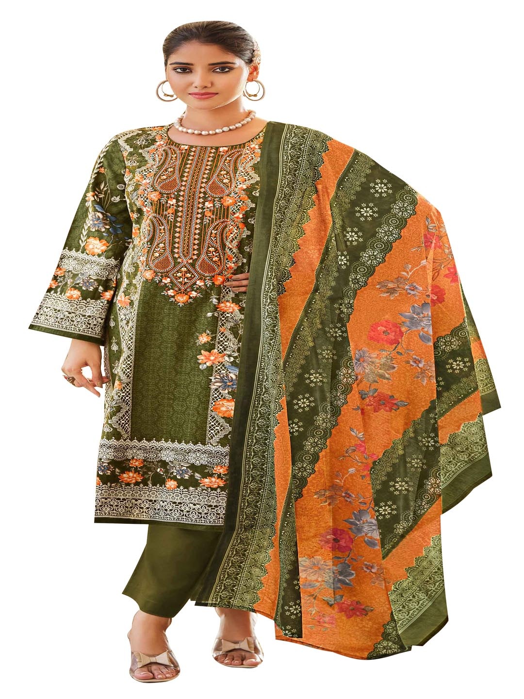 

DRAVINAM Trends Ethnic Motifs Embroidered Pure Cotton Unstitched Dress Material, Green