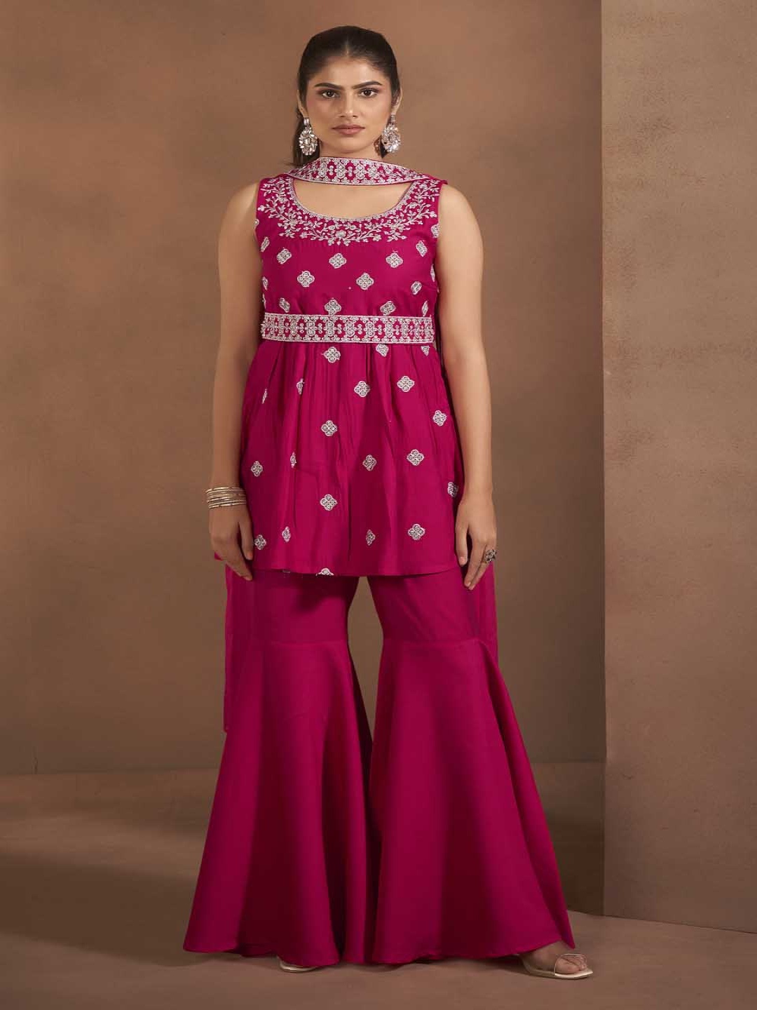 

Anouk Floral Embroidered Thread Work Raw Silk Kurta With Sharara And Dupatta, Pink