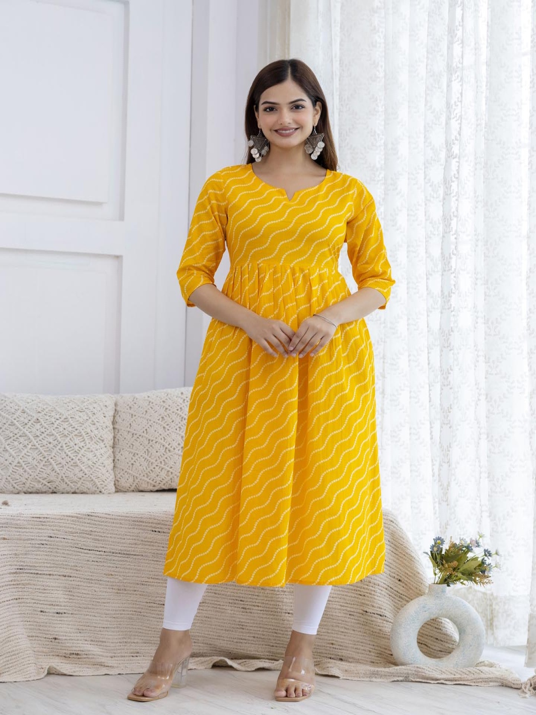 

UNIFY FASHION Bandhani Printed Pleated Round Neck Pure Cotton Anarkali Kurta, Yellow