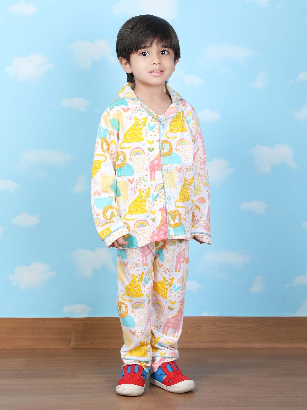 

Polka Tots Kids Pure Cotton Printed Night suit, White
