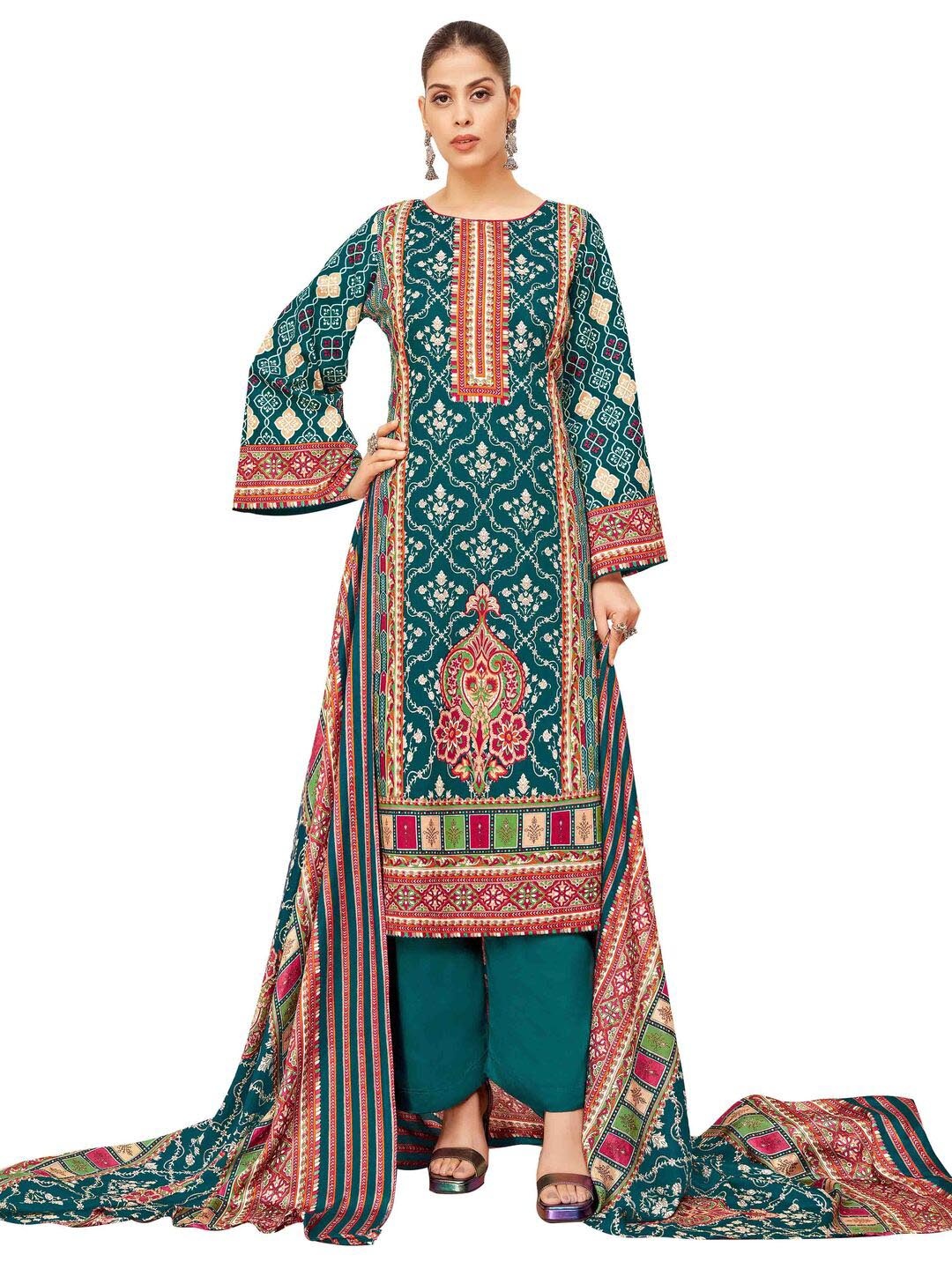 

DRAVINAM Trends Ethnic Motifs Embroidered Pure Cotton Unstitched Dress Material, Blue