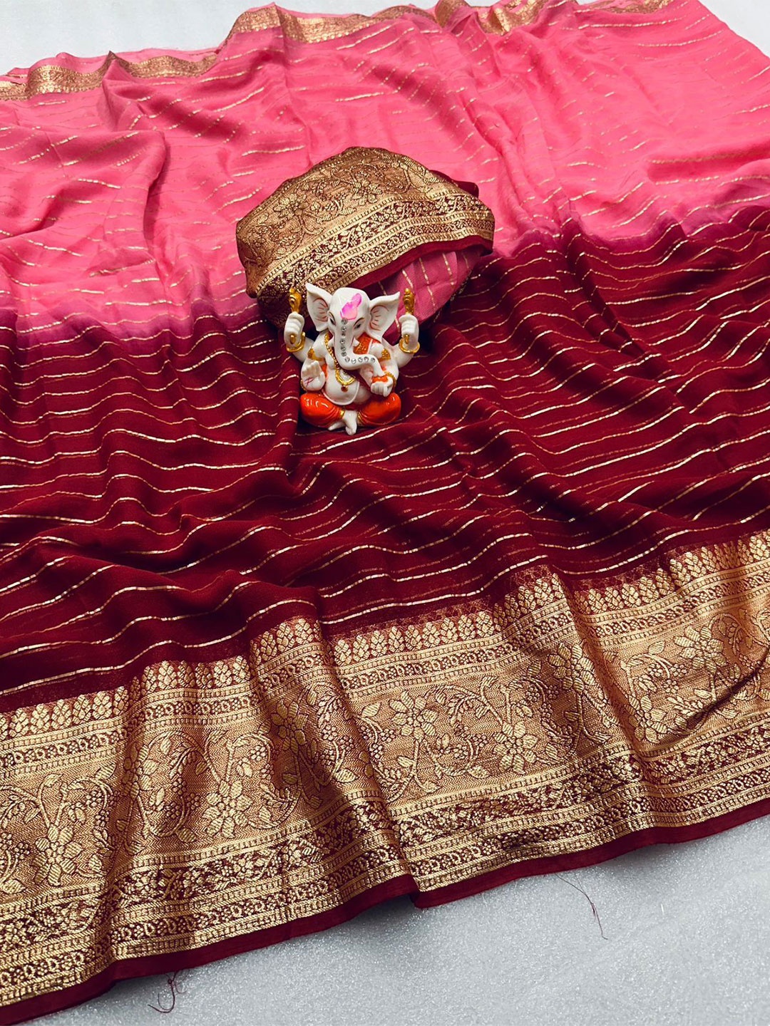 

PAYAL CREATION Striped Zari Pure Georgette Saree, Red