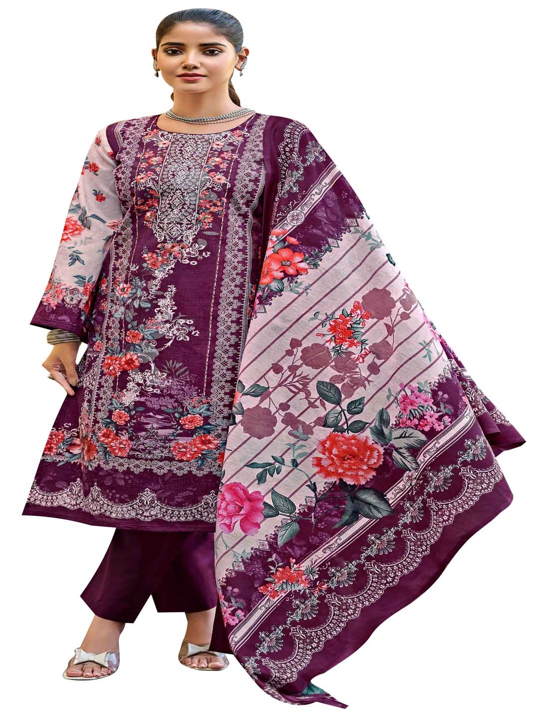 

DRAVINAM Trends Floral Printed Embroidered Pure Cotton Unstitched Dress Material, Burgundy