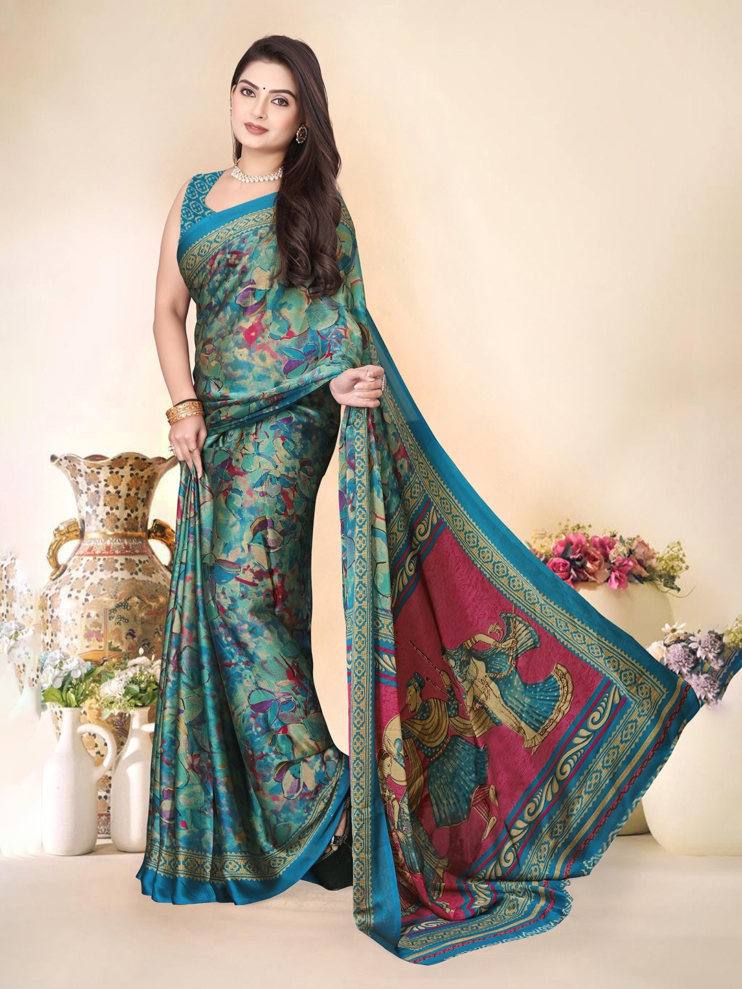 

SUPERLAXMI Ethnic Motifs Saree, Turquoise blue