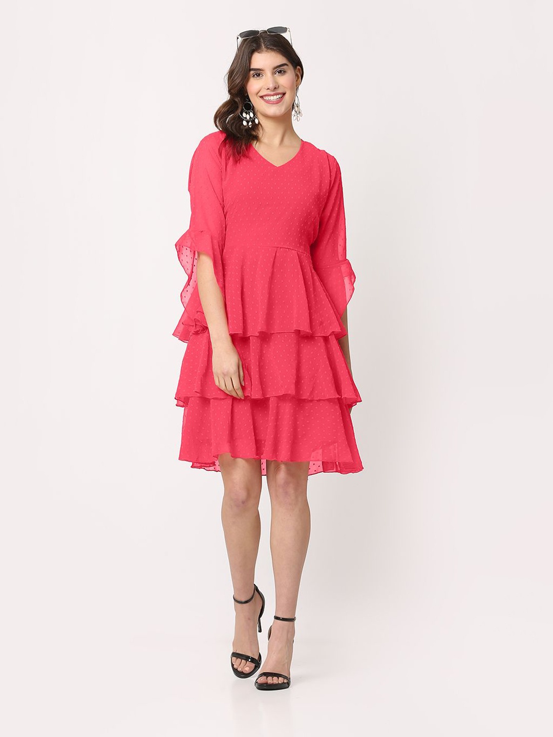 

FLOREOS Women Flared Sleeve Ruffled Georgette Fit & Flare Dress, Pink