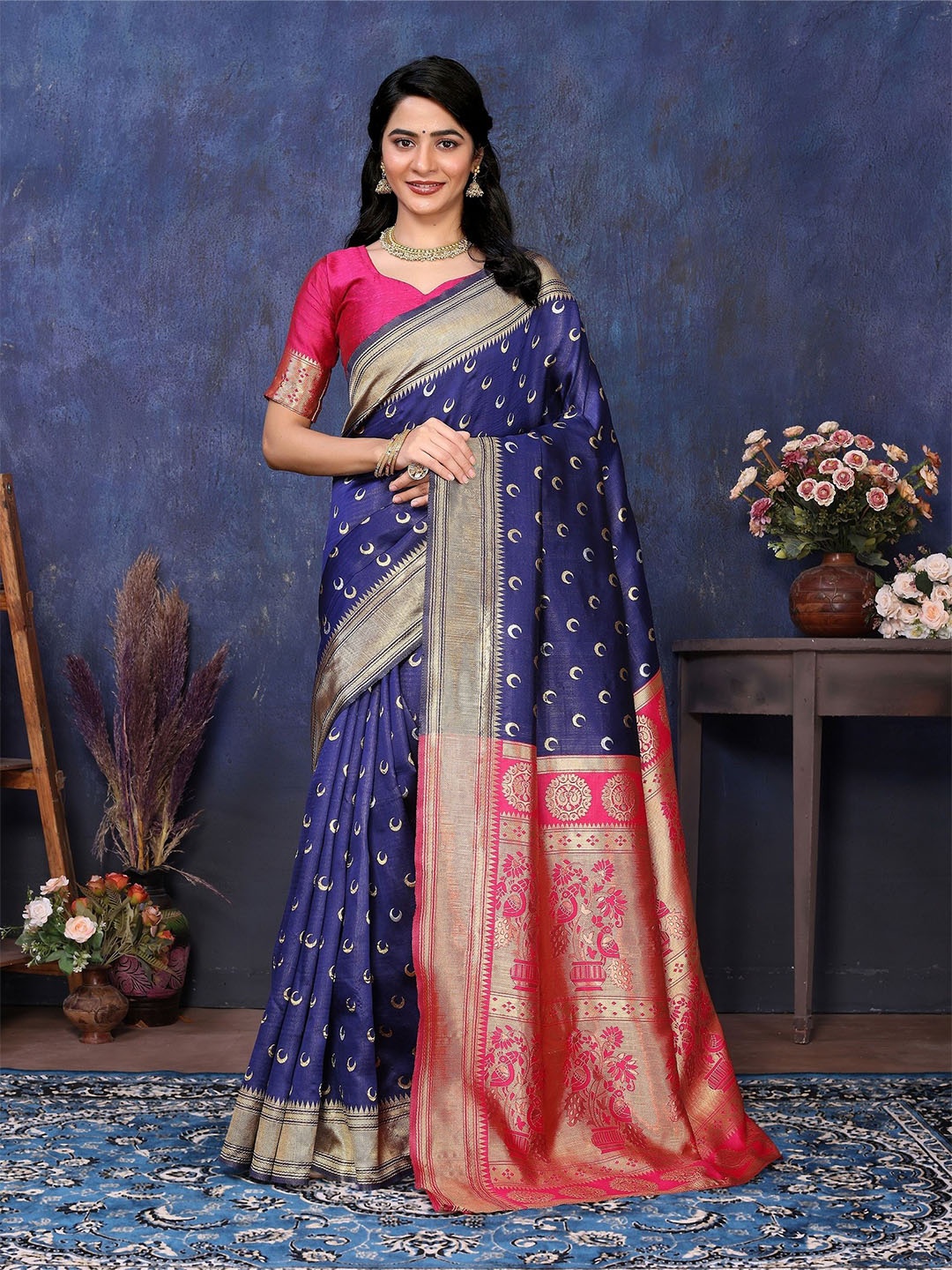 

sareyavella Ethnic Motifs Zari Banarasi Saree, Blue