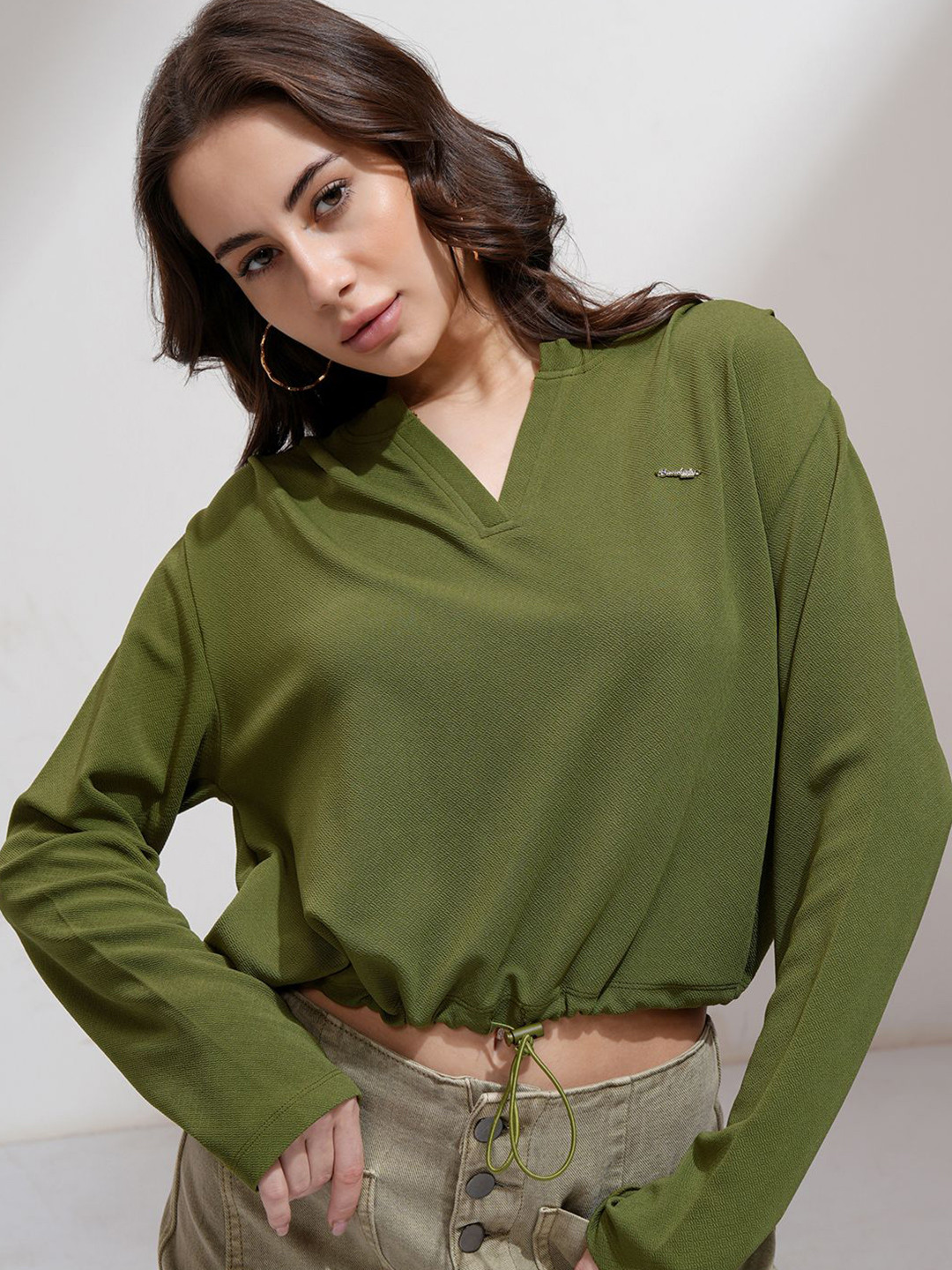 

Tokyo Talkies Women Solid V-Neck Full Sleeve Top, Olive