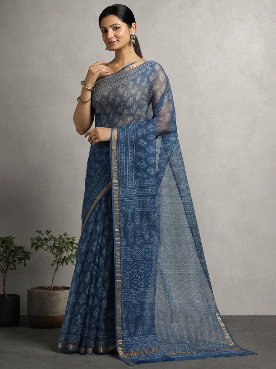 

Suha Bagh Printed Zari Pure Cotton Kota Saree, Blue